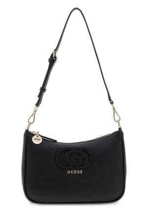Sac à bandoulière en cuir texturé noir avec sangle réglable, ferrures dorées et logo GUESS embossé sur le devant.