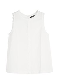 Biała bezrękawnikowa bluzka z bawełny, z okrągłym dekoltem i postrzępionymi krawędziami na ramionach i u dołu. Prosty i nieozdobiony fason.