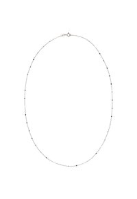 Sølvfarvet halskæde med en delikat kæde, der har skiftende små sorte perler og sølvdetaljer, afsluttet med en clasp-lukning.