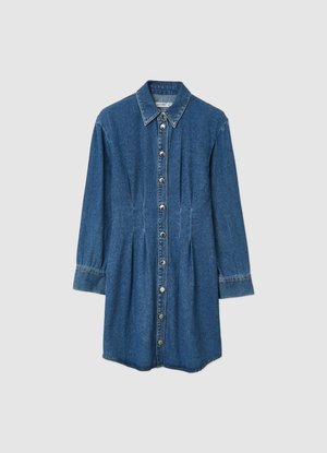 Jeanshemd-Kleid mit durchgehendem Knopfverschluss, spitzem Kragen, langen Ärmeln und gerafftem Detail an der Taille. Klassische blaue Farbe und weiche Textur.