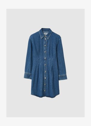 Jeanshemd-Kleid mit durchgehendem Knopfverschluss, spitzem Kragen, langen Ärmeln und gerafftem Detail an der Taille. Klassische blaue Farbe und weiche Textur.