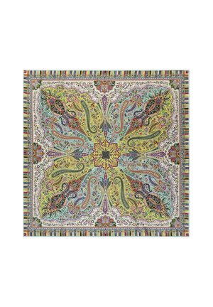 Square scarf with intricate multicolor paisley patterns in yellow, blue, purple, and red, featuring a striped border.