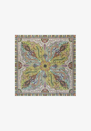 Square scarf with intricate multicolor paisley patterns in yellow, blue, purple, and red, featuring a striped border.