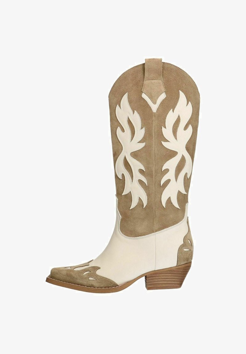 Botte de style occidental avec tige en daim beige et blanc, ornée de motifs décoratifs en forme de flammes et dotée d’un talon empilé. Design à bout pointu.