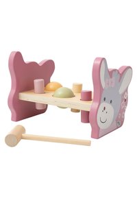 Wooden hammering toy with pink animal-shaped ends. Features colorful pegs (yellow, green, pink) and a mallet. Textured finish, playful design.