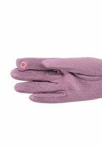 Guanto da donna morbido color malva con un fiore rosa ricamato sul dito indice, esposto pianamente su sfondo bianco.