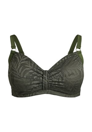 Tamnozeleni grudnjak s podesivim naramenicama, tkaninom s teksturom lišća i naboranim detaljem u sredini.