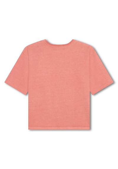 Korte mouwen, ronde hals t-shirt van zacht koraalkleurig materiaal met een gladde textuur, met een relaxte pasvorm en gestikte zoomdetails.