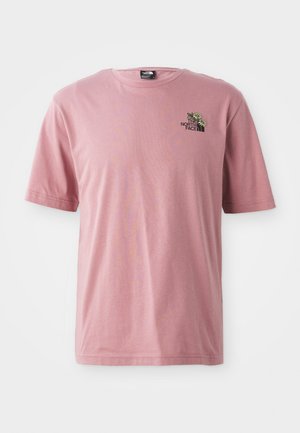 Pink cotton T-shirt featuring a round neckline, short sleeves, and a small graphic design with the brand logo on the chest.