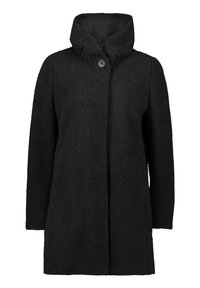 Zwarte wollen jas met een hoge kraag, enkele knoopsluiting en een gestructureerde afwerking. Rechte snit met lange mouwen.