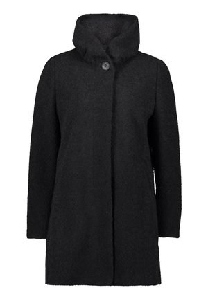 Schwarzer Wollmantel mit hohem Kragen, einreihigem Knopfverschluss und strukturierter Oberfläche. Gerade Silhouette mit langen Ärmeln.
