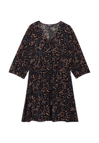 Schwarzes Kleid mit floralem Muster in Blau- und Pfirsichtönen, mit V-Ausschnitt, dreiviertelärmeln und ausgestelltem Saum.