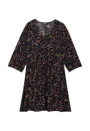 Zwarte jurk met een bloemenpatroon in tinten blauw en perzik, met een V-hals, driekwartmouwen en een uitlopende zoom.