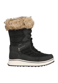 Svarta vattentåliga stövlar med ett vadderat, kviltat mönster, fuskpälskant i ljusbrun och en gummisula med vita detaljer.