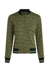 Neuletty pommitakki mustassa ja vihreässä, jossa on kukkakuosisia yksityiskohtia. Varustettu ribbauskaulus, hiha- ja helmikappale vihreillä ja mustilla raidoilla sekä ruskeilla napeilla.