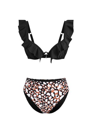 CHIC ABSTRACT PRINT RUFFLE HIGH-WAISTED SET - Bikini - black
