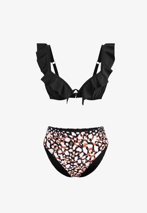 Haut de bikini noir avec des bretelles froncées, associé à un bas taille haute arborant un design imprimé animal multicolore. Texture de tissu lisse.