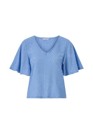 Blusa azzurro chiaro con scollo a V, maniche corte larghe a volant e tessuto traforato a motivi floreali testurizzati.