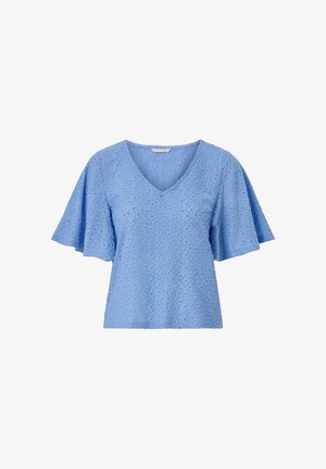 Blusa azzurro chiaro con scollo a V, maniche corte larghe a volant e tessuto traforato a motivi floreali testurizzati.