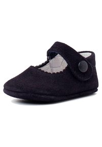 Scarpa Mary Jane in suede nero con bordi scallopati, punta tonda e chiusura a cinturino con un solo bottone. Suola morbida e flessibile, ideale per i bambini piccoli.