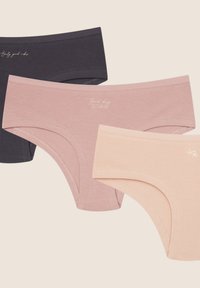 Drei Paare von kurzen Unterhosen: dunkelgrau, hellrosa mit Text und hellbeige mit floralen Details. Weiche Baumwollmischung, nahtlose Ränder.