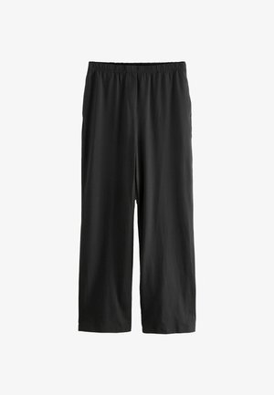 Mustat, polvimittaiset housut, jotka on valmistettu kevyestä kankaasta. Jousto- ja tasapintainen vyötärö sekä suora lahkeen malli. Ei näkyviä yksityiskohtia tai kuvioita.