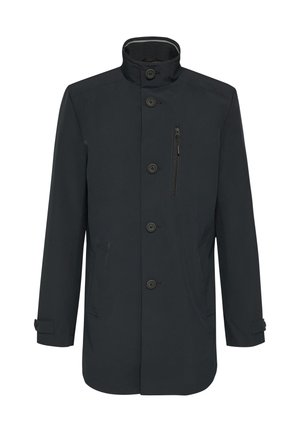 Manteau bleu marine foncé avec un col haut, fermeture éclair à l'avant et fermeture à bouton, deux poches latérales et une poche poitrine. Confectionné en tissu lisse et résistant à l'eau.