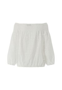 Weiße schulterfreie Bluse mit elastischem Smocken. Verfügt über eine strukturierte florale Stickerei und weitschwingende Dreiviertelärmel.