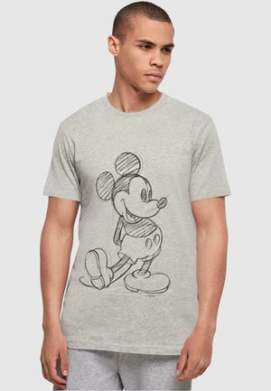 Gray cotton t-shirt featuring a black sketch of a cartoon character with large ears and round buttons on shorts. Standard crew neck design.