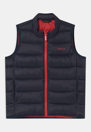 Veste sans manches matelassée bleu marine avec fermeture éclair rouge et doublure intérieure, logo Barbour sur la poitrine, col montant et poches latérales.