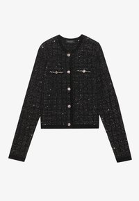 Čierny pletený kardigán s dlhým rukávom, lesknúcou niťou, okrúhlym výstrihom, dekoratívnymi prednými vreckami a piatimi kamienkovými gombíkmi pozdĺž prednej časti.