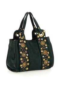 Borsa in pelle verde scuro con due manici, decorata con embellishments di perline dorate, rosse, nere, blu e trasparenti sulla parte anteriore.