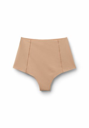 Parte inferior de bikini de cintura alta en color nude, confeccionada en una tela suave con costuras limpias y un diseño sin costuras. Presenta un corte minimalista y moderno.