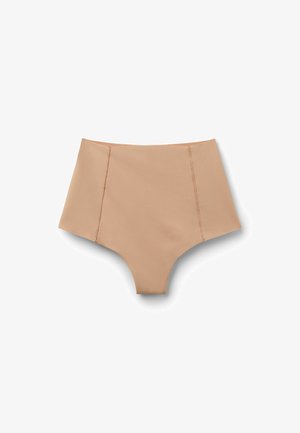 Bikini kalhotky s vysokým pasem v nahé barvě, vyrobené z hladkého materiálu s čistým švem a bezešvým designem. Mají minimalistický, moderní střih.