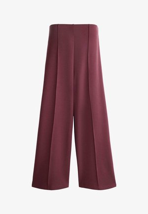 Leveälahkeiset, korkeavyötäröiset housut syvän viininpunaisena pystysuuntaisilla saumaesityksillä, esitettynä valkoisella taustalla.