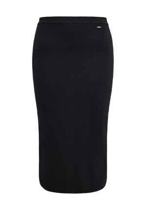 Černá sukně ke kolenům, tužkového střihu, vyrobená ze měkkého, elastického materiálu s hladkou texturou. Má jednoduchý, těsně přiléhavý siluetu s elastickým pasem.