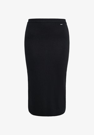 Black knee-length pencil skirt with a soft, stretchy material and a smooth texture. Features a simple, fitted silhouette with a waistband.
