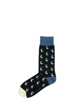 Calcetín azul marino con pequeños patrones blancos de patos, puño y talón azules, y zona del dedo blanca, con la marca "ELGANSO" cerca del pie.