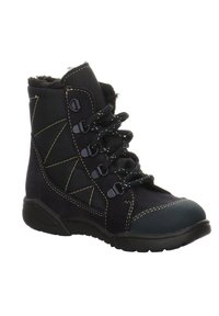 Botte d'hiver noire avec semelle synthétique, lacets à l'avant, bout renforcé et coutures matelassées, dotée d'une doublure intérieure en peluche pour la chaleur.