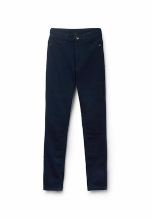 Jeans in denim blu navy a vestibilità slim, con chiusura a bottoni, tasche frontali e un tessuto liscio. Senza fantasie né decorazioni.