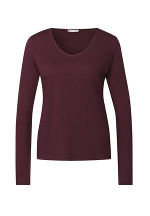 Bordeaux lange mouwen T-shirt met V-hals, gemaakt van zachte stof, met een eenvoudig ontwerp en een gladde textuur, ideaal voor het dragen in laagjes.