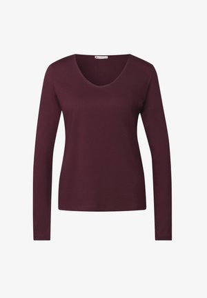 T-shirt à manches longues bordeaux avec un col en V, fabriqué en tissu doux, présentant un design simple et une texture lisse, idéal pour le superposition.