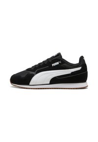 Zapatilla en blanco y negro con parte superior de gamuza, diseño de cordones y suela de goma. Presenta el logotipo de Puma en el costado y acentos texturizados.