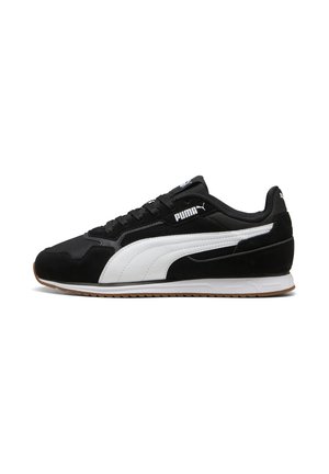 Black and white sneaker with a suede upper, lace-up design, and a rubber sole. Features Puma logo on the side and textured accents.