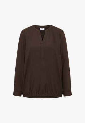 Blouse marron à manches longues avec un décolleté en V, coupe ample et ourlet élastiqué. Présente des accents de boutons sur les manches et une texture lisse.