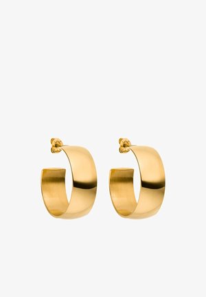 Ohrringe aus goldfarbenem Metall in Form von Ohrringen, mit einer glatten, polierten Oberfläche und abgerundeten Design. Jede Ohrhängerin hat einen sicheren Klickverschluss.