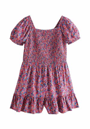 Floral bedruckter Jumpsuit in Rosa-, Lila- und Blautönen. Verfügt über ein gerafftes Oberteil, kurze Puffärmel und einen Rüschensaum.