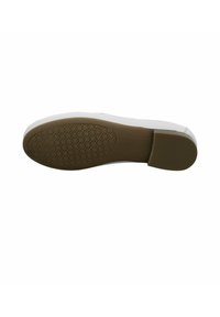White sneaker sole with a textured brown rubber bottom. Rounded shape with a slight elevation at the heel. Features a simple, clean design.