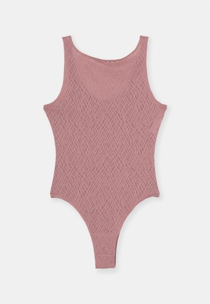 Mauve one-piece swimsuit featuring a textured pattern, rounded neckline, and shoulder straps. Made from a soft, stretchable material.