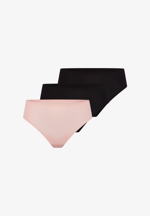 Three hipster-style panties: one soft pink and two solid black. Made of smooth material with a seamless design and wide elastic waistband.